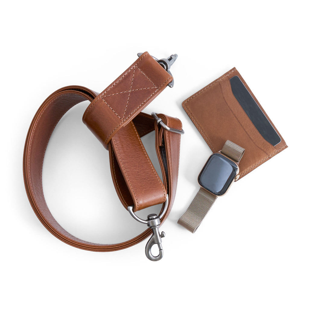 saddle | two stitch macro adjustable crossbody strap in saddle