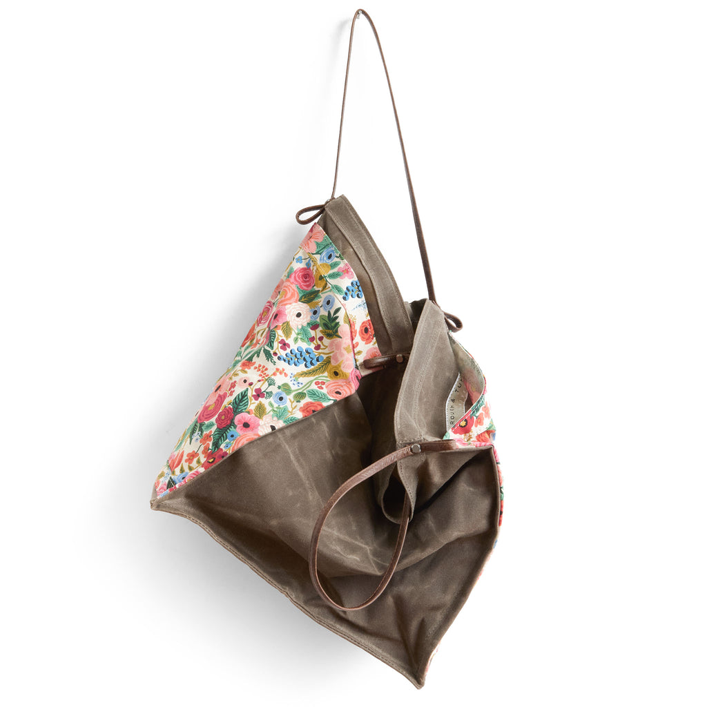 rifle paper co. garden party coral + dark oak waxed canvas | farmers market tote with rifle paper co. garden party coral