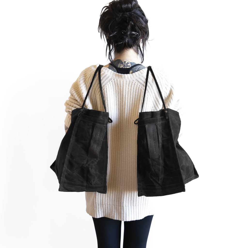 black waxed canvas two set | set of two large black waxed canvas farmers market totes