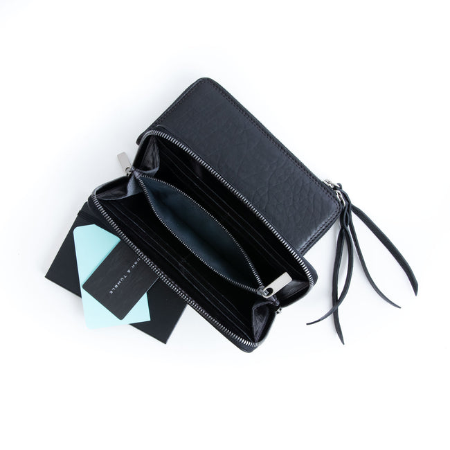 matte black pebble | wallet in matte black pebble showcasing interior compartments