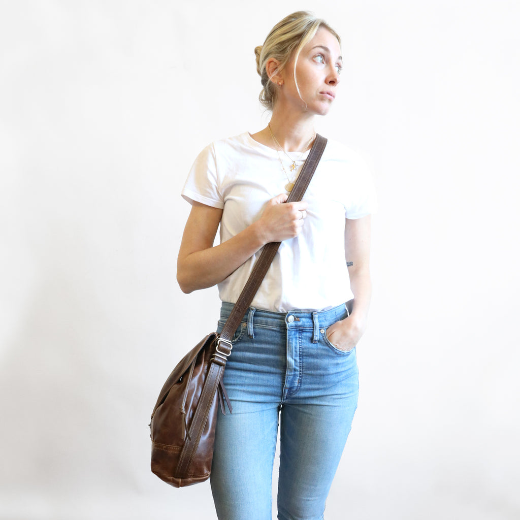 Front view of model wearing 1904 maxwell, size medium, crossbody.