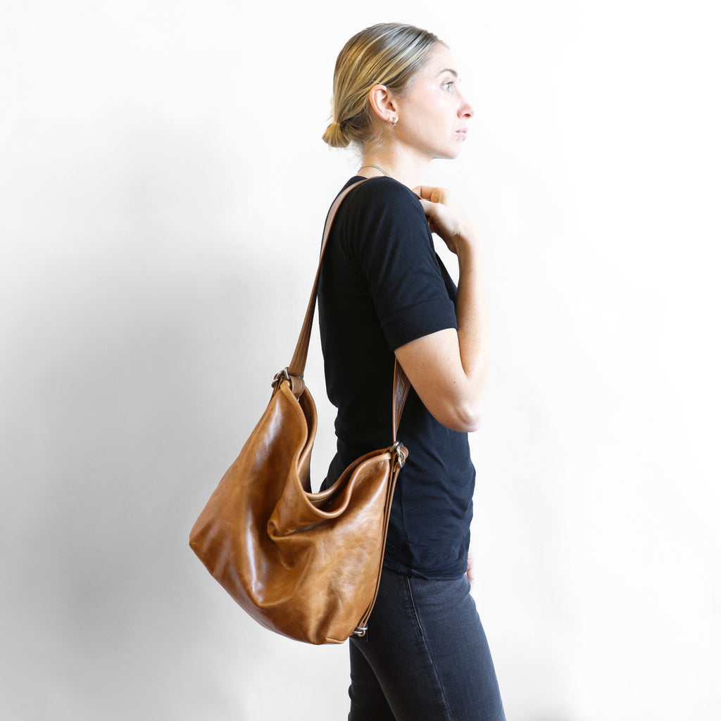 model wearing boho e+w size medium in light saddle