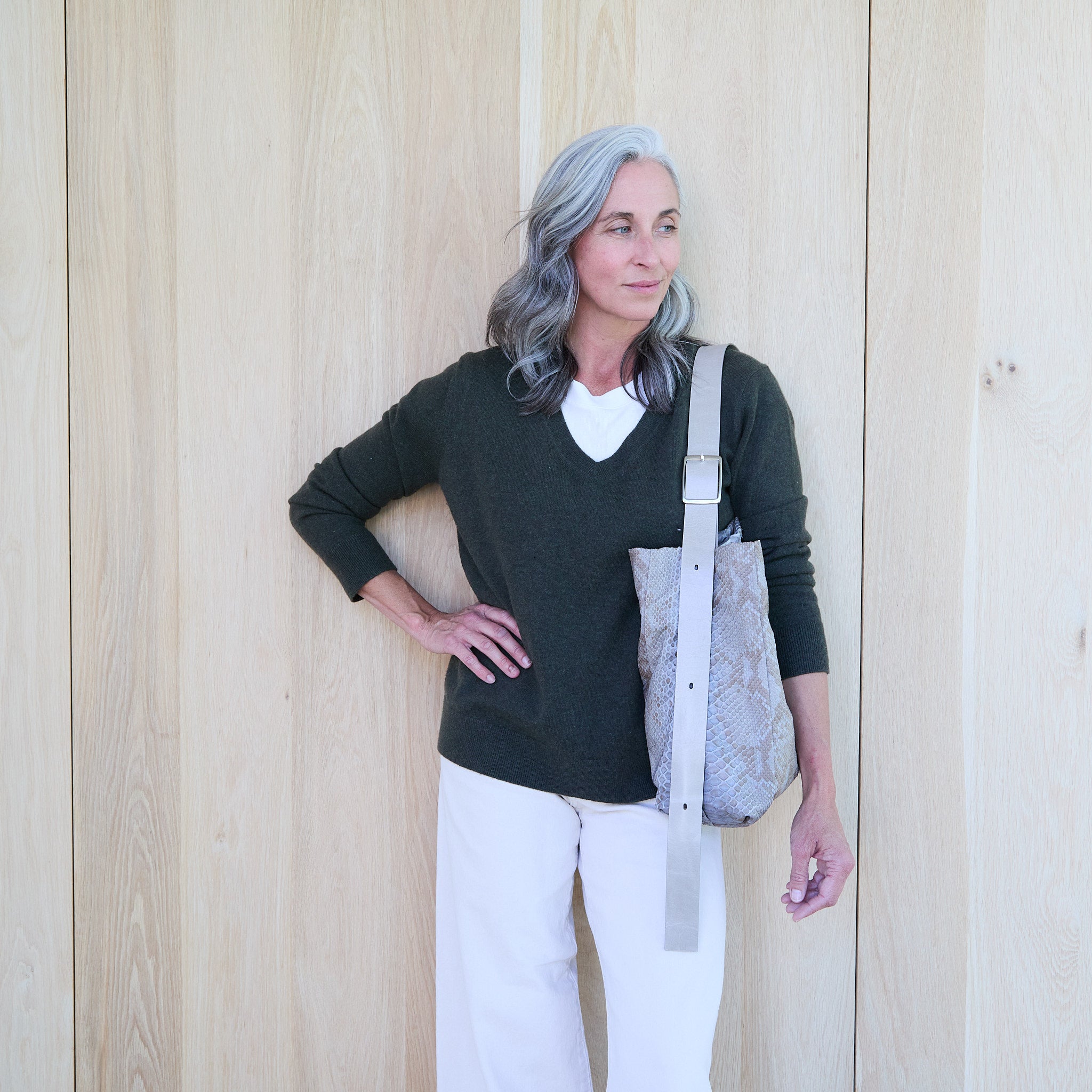 central boho in dusty blue and sesame python + sesame