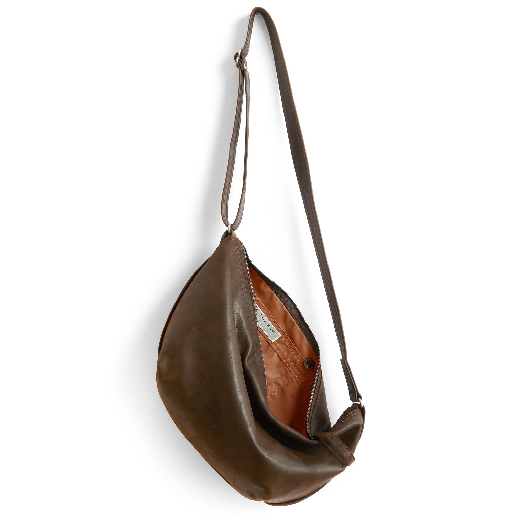 beau duffel in distressed espresso, showcasing interior cider lining and open pockets
