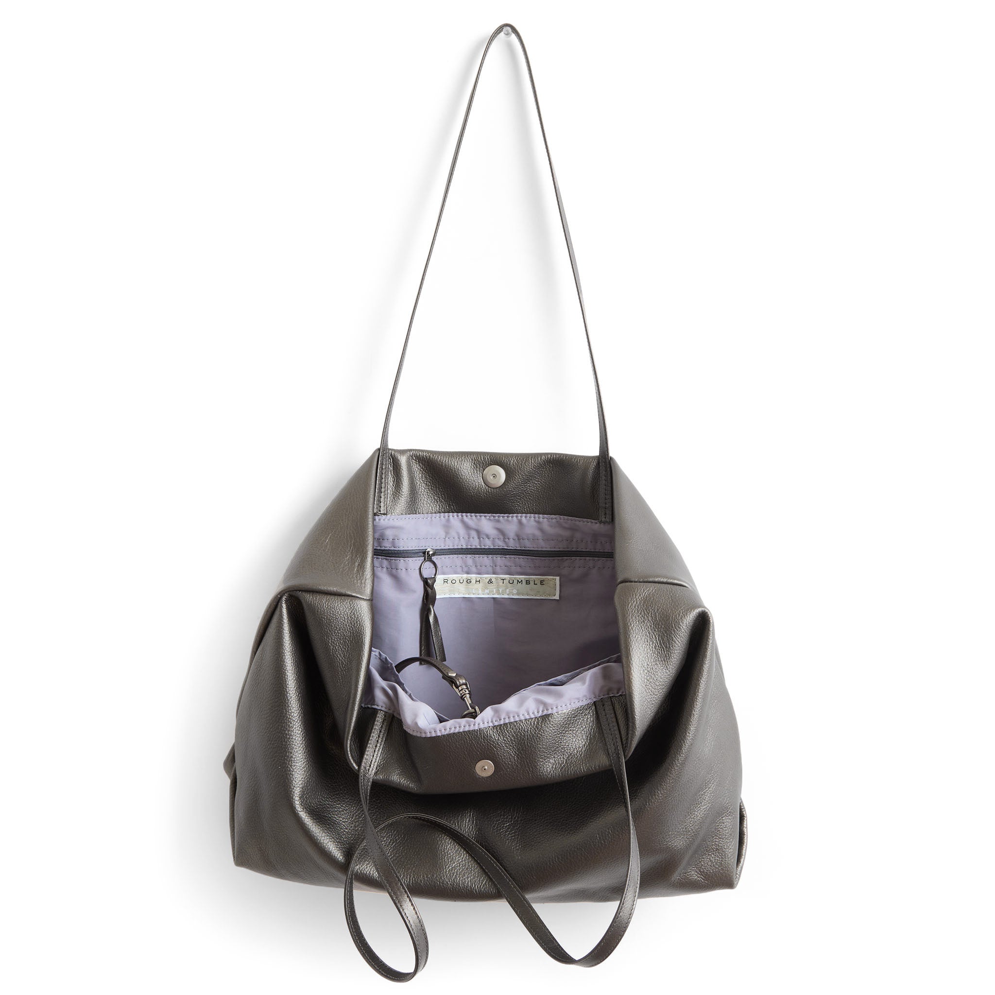 brooklyn tote in pewter, showcasing lupine lining
