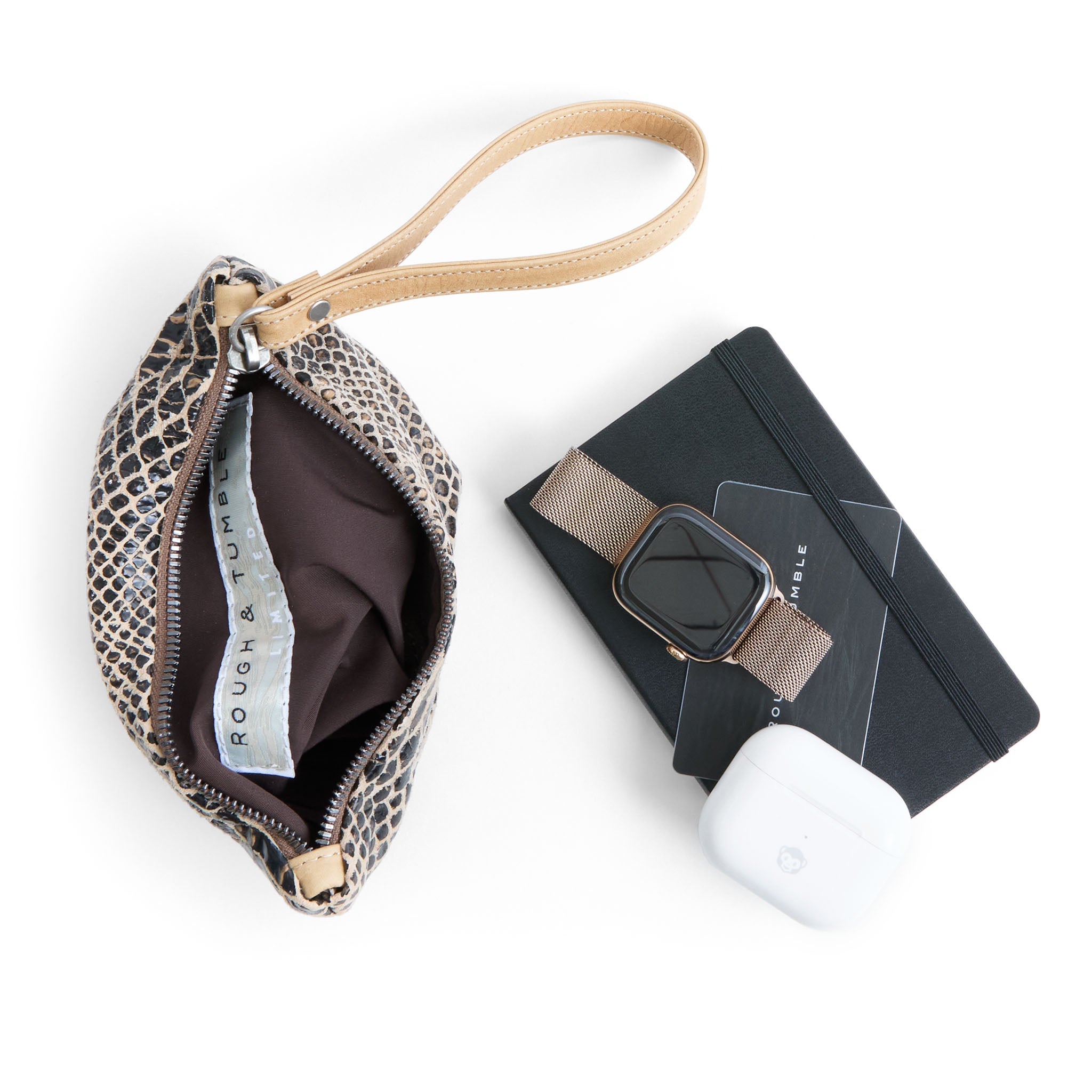 cash pack in destroyed soft snake, showcasing interior cocoa lining