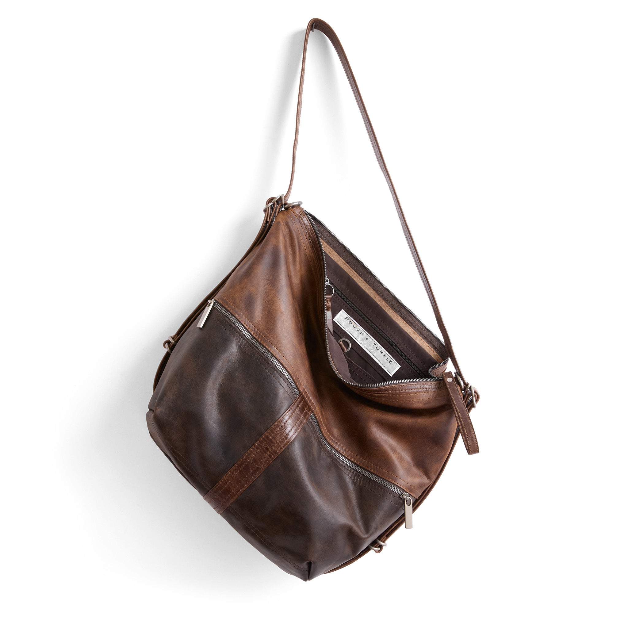 city safari size large with distressed espresso base and rustic pecan top, showing interior lining