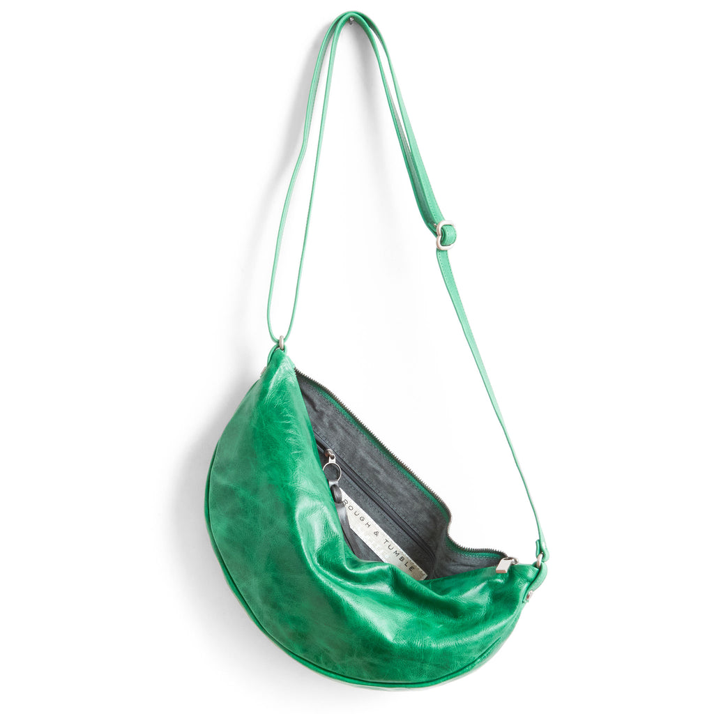 luna size large in emerald, showcasing interior grey chambray lining