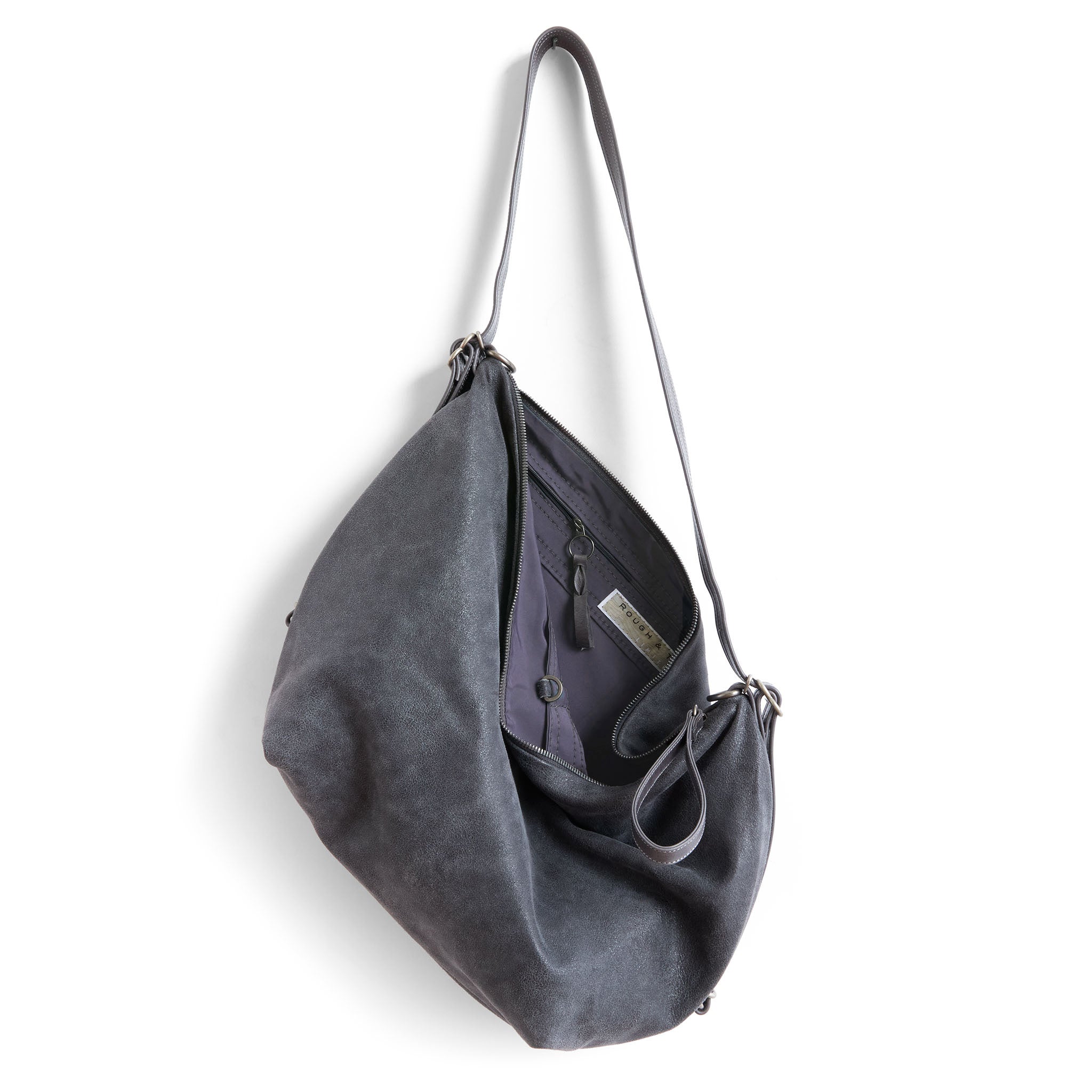 mineral grey duffel size large, showcasing interior lupine lining