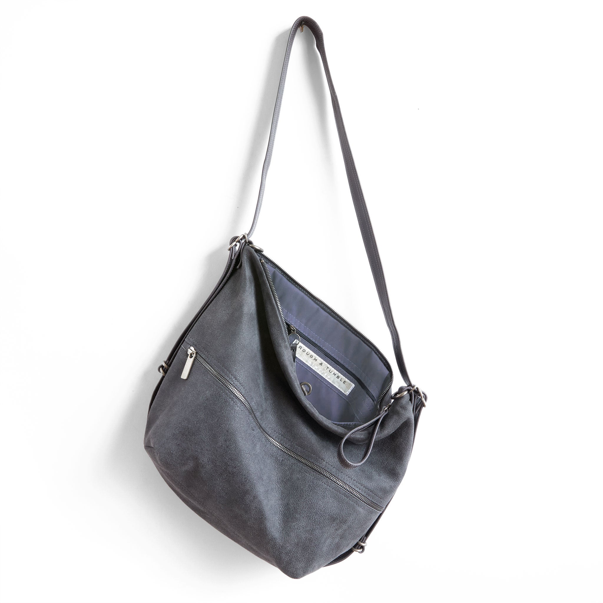 city safari single zip size medium in mineral grey, showcasing interior lupine lining and zippered pocket