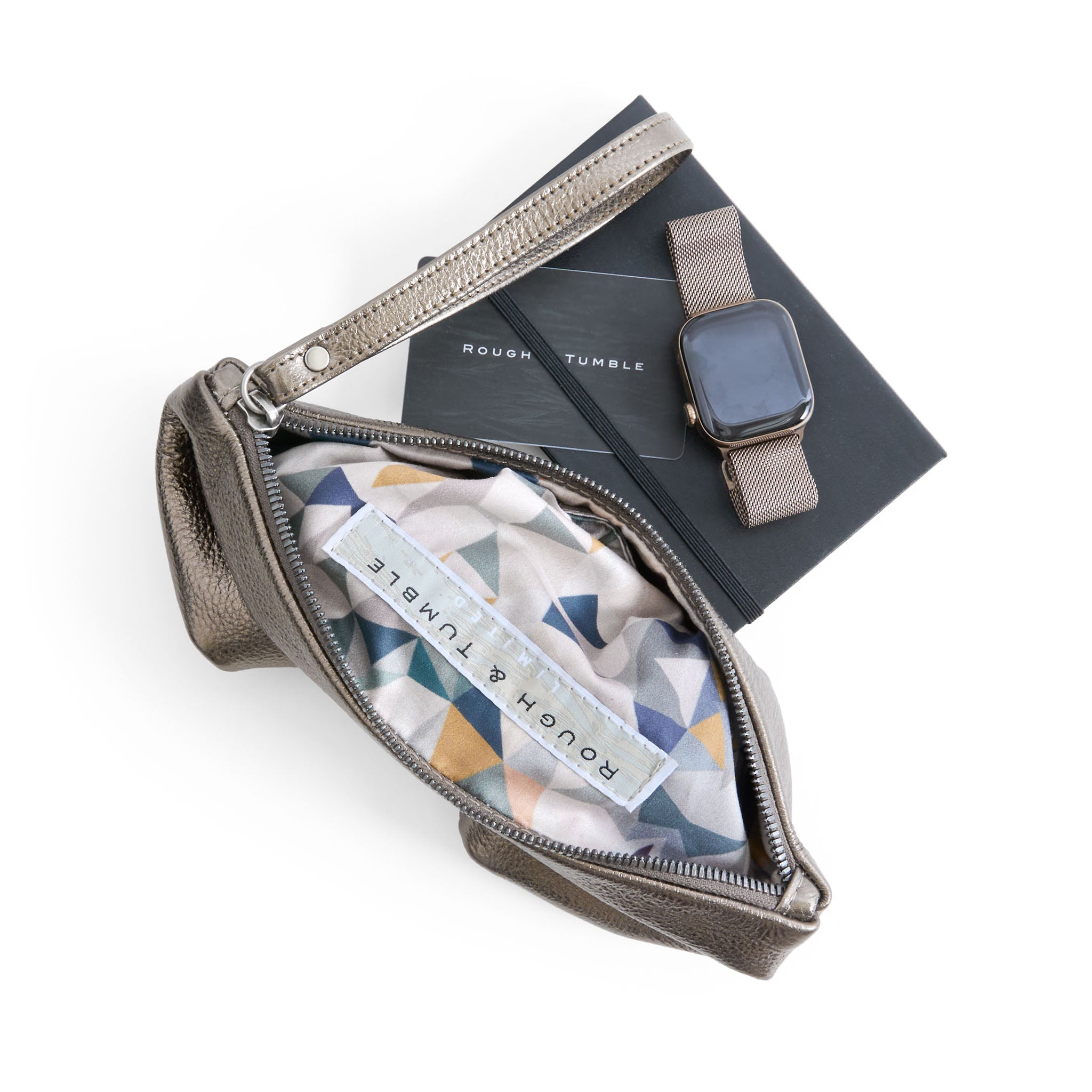 roro clutch in pyrite showcasing interior full scope gold & moss lining