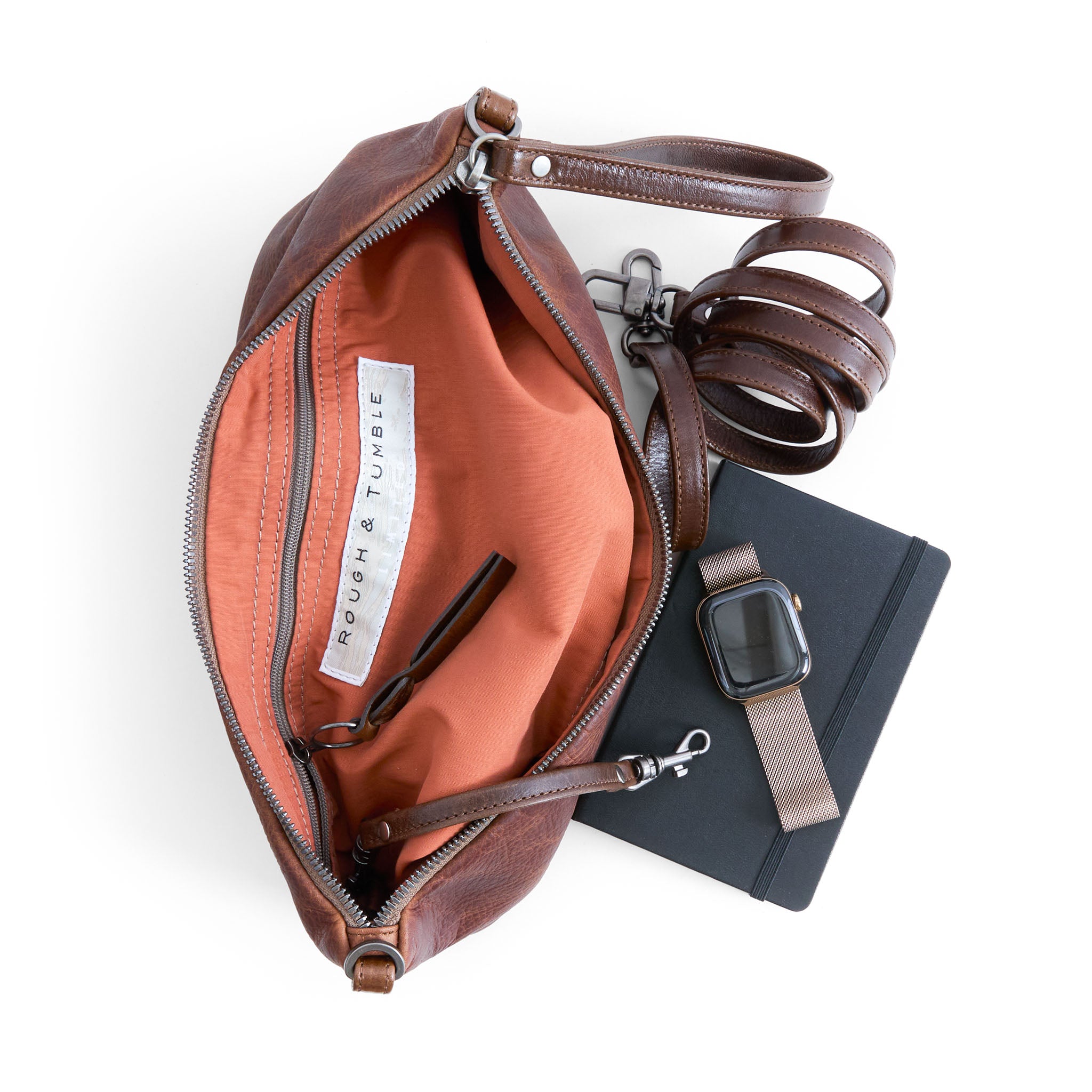 traveler in fuentes, showcasing interior cider lining and zippered pocket