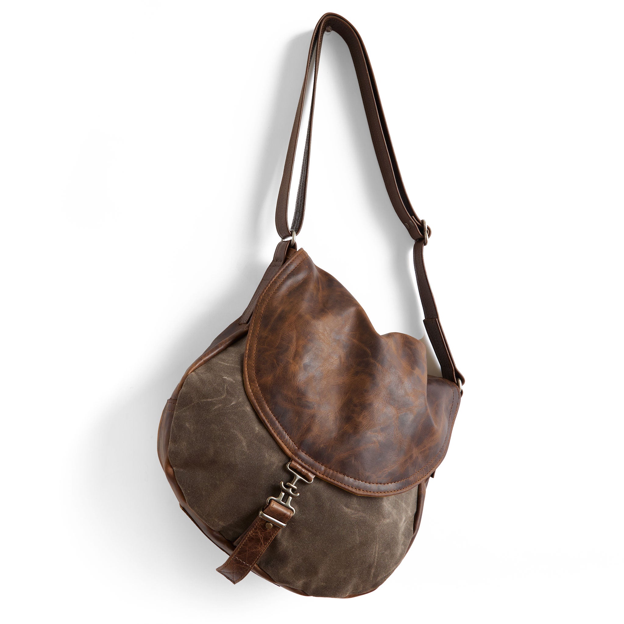 1903 large in rustic pecan leather base + flap and dark oak waxed canvas front panel