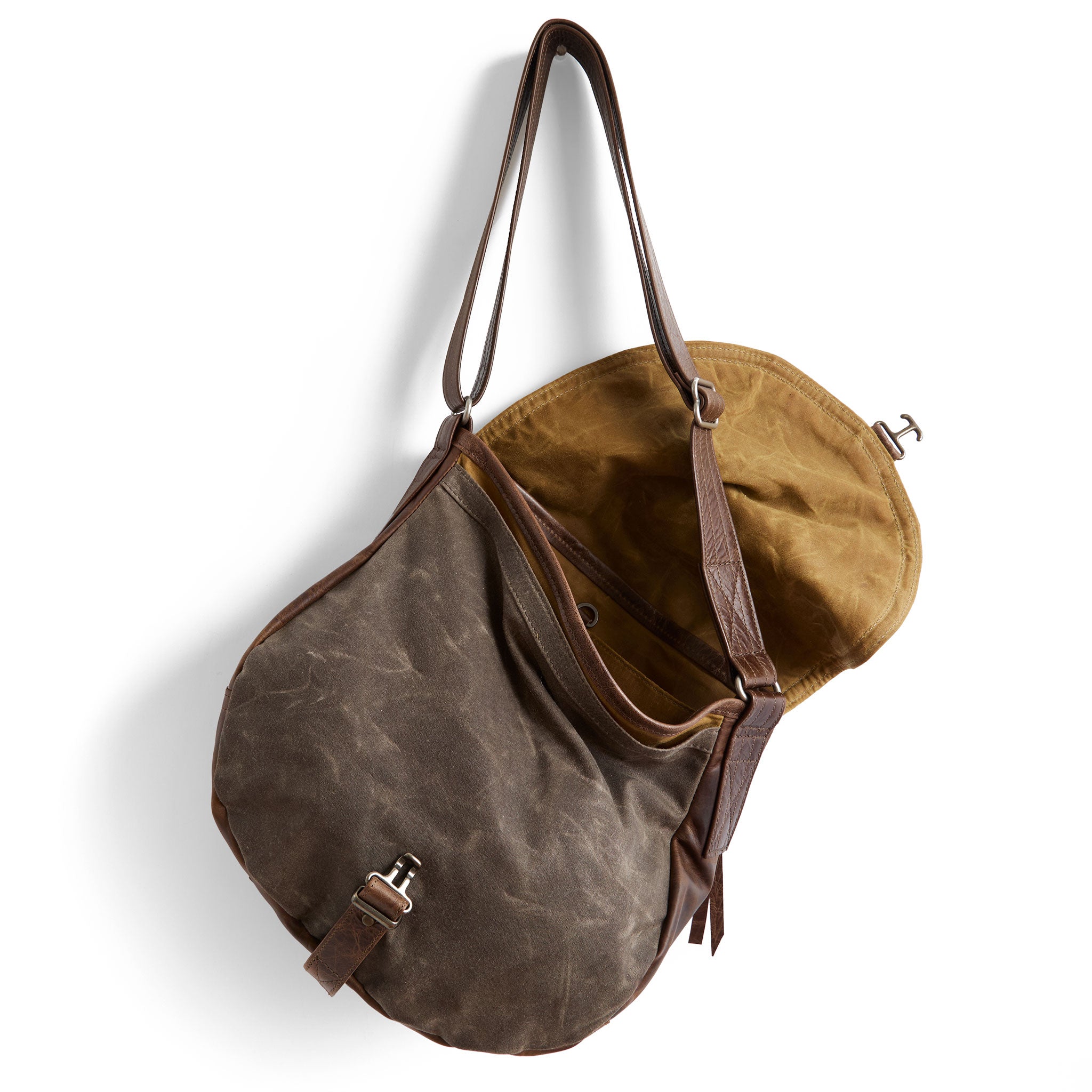 1903 large in rustic pecan leather base + flap and dark oak waxed canvas front panel