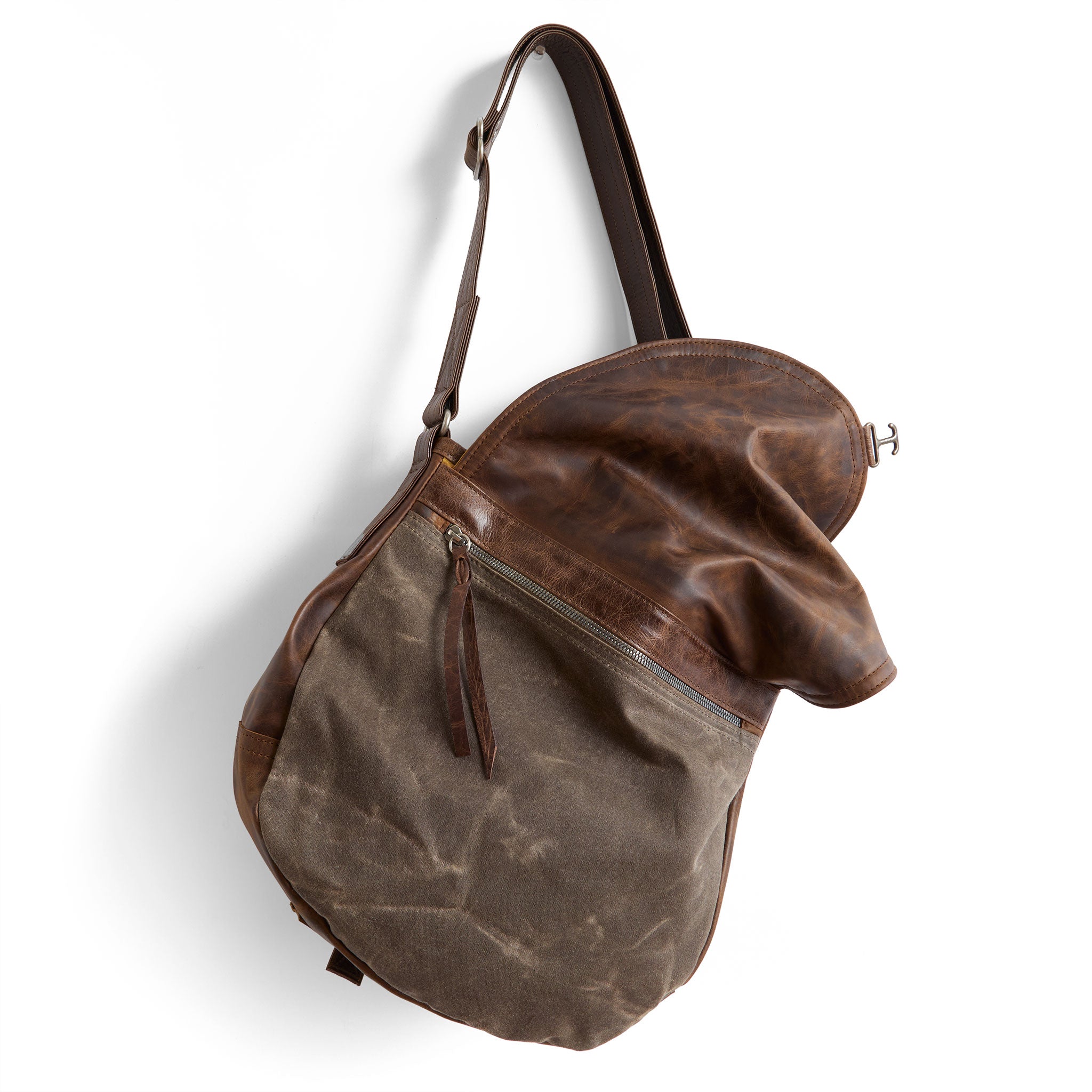 1903 large in rustic pecan leather base + flap and dark oak waxed canvas back panel