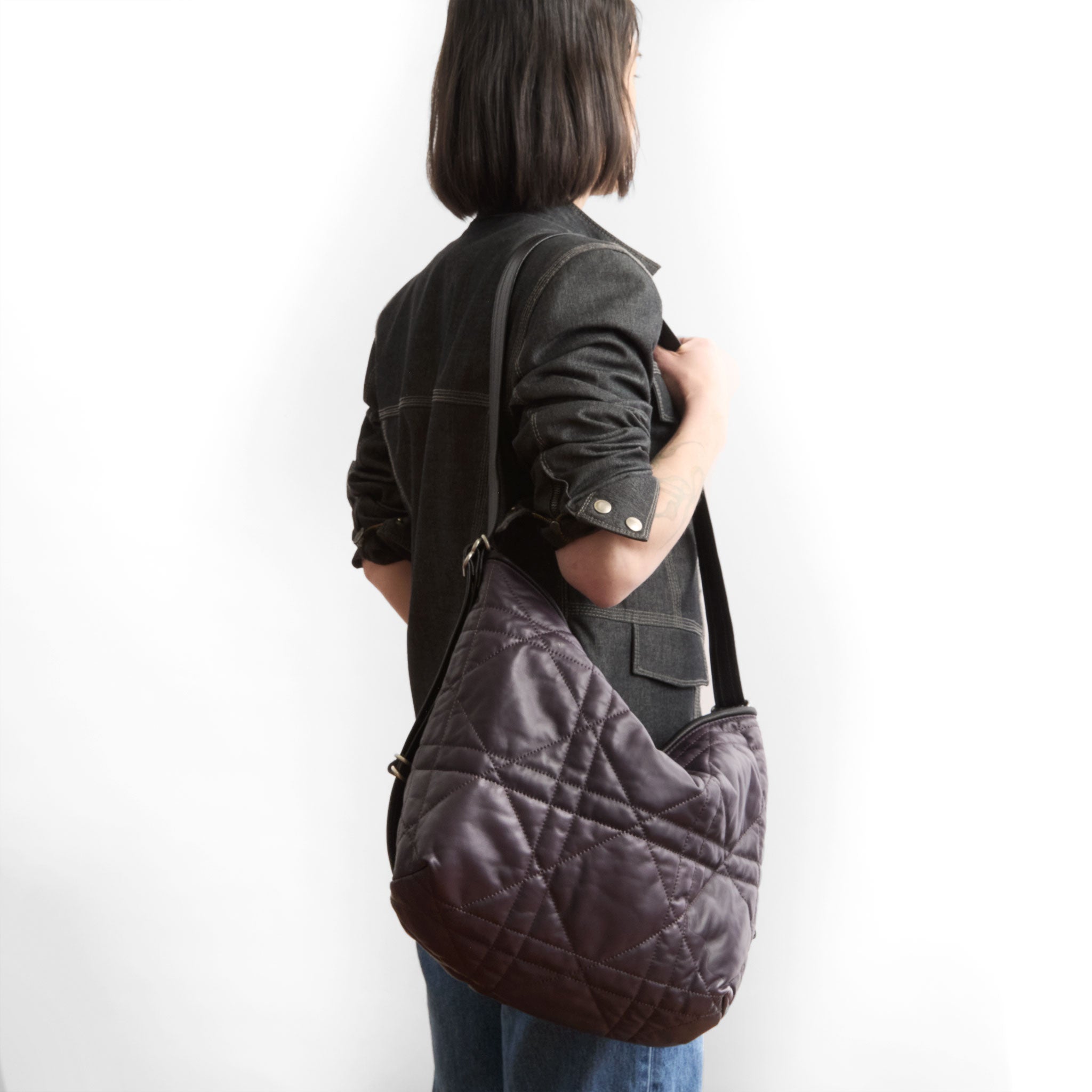 model wearing boho e+w large in quilted pashi purple