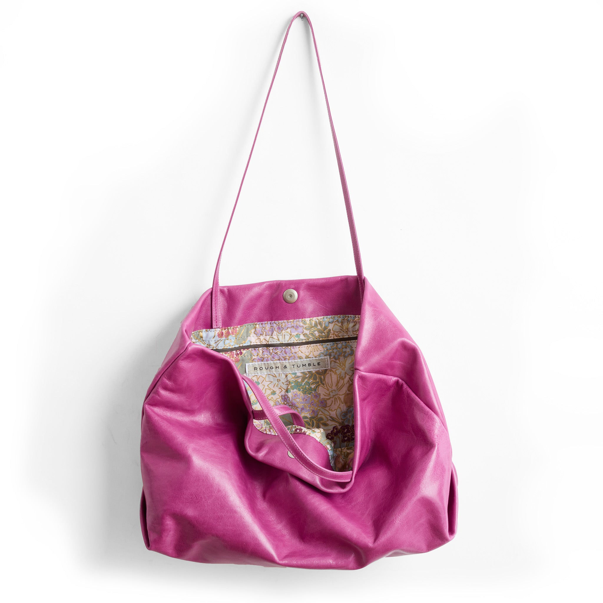 brooklyn tote in hibiscus, showcasing interior rifle paper co. mimi plum lining