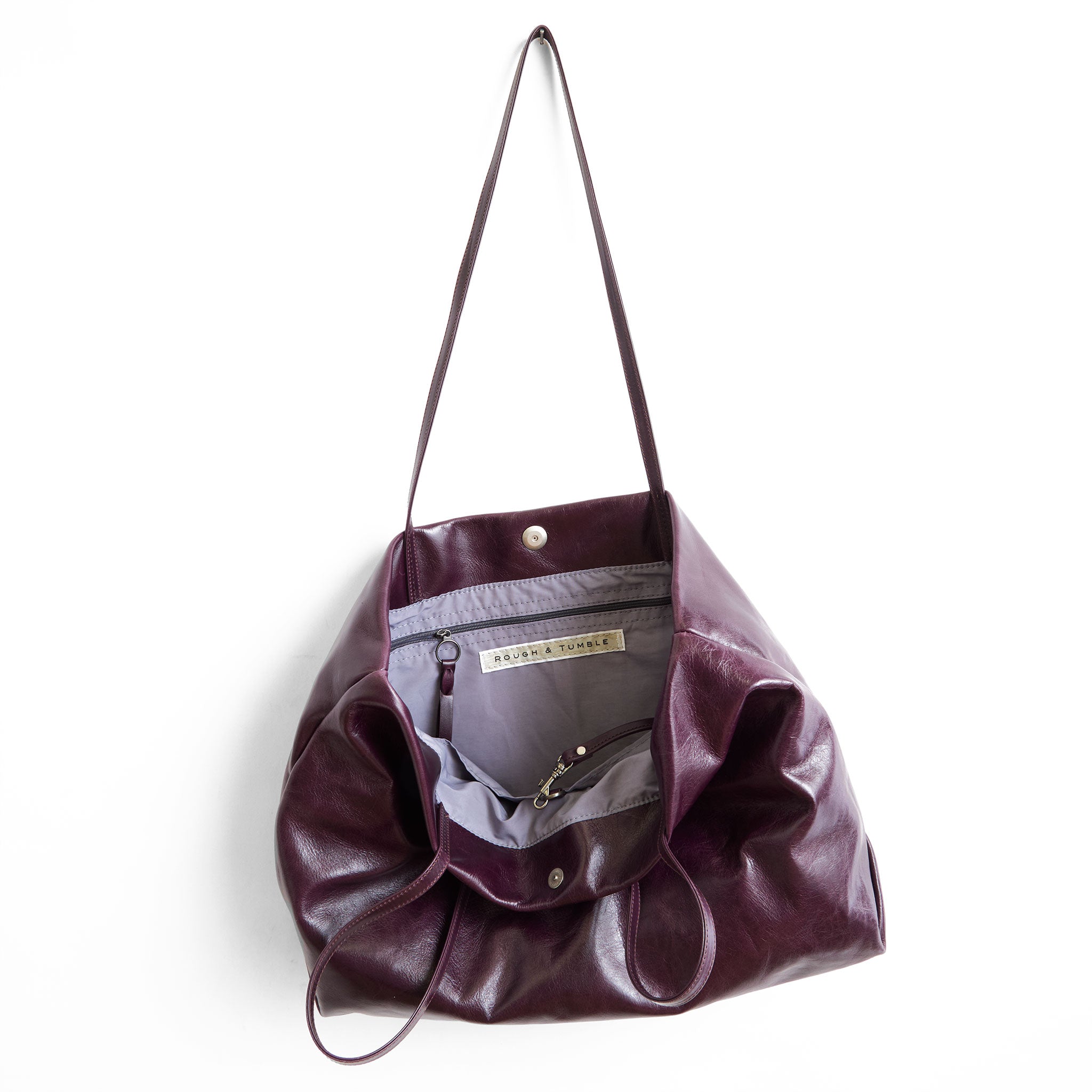 brooklyn tote in aubergine showcasing interior lupine lining