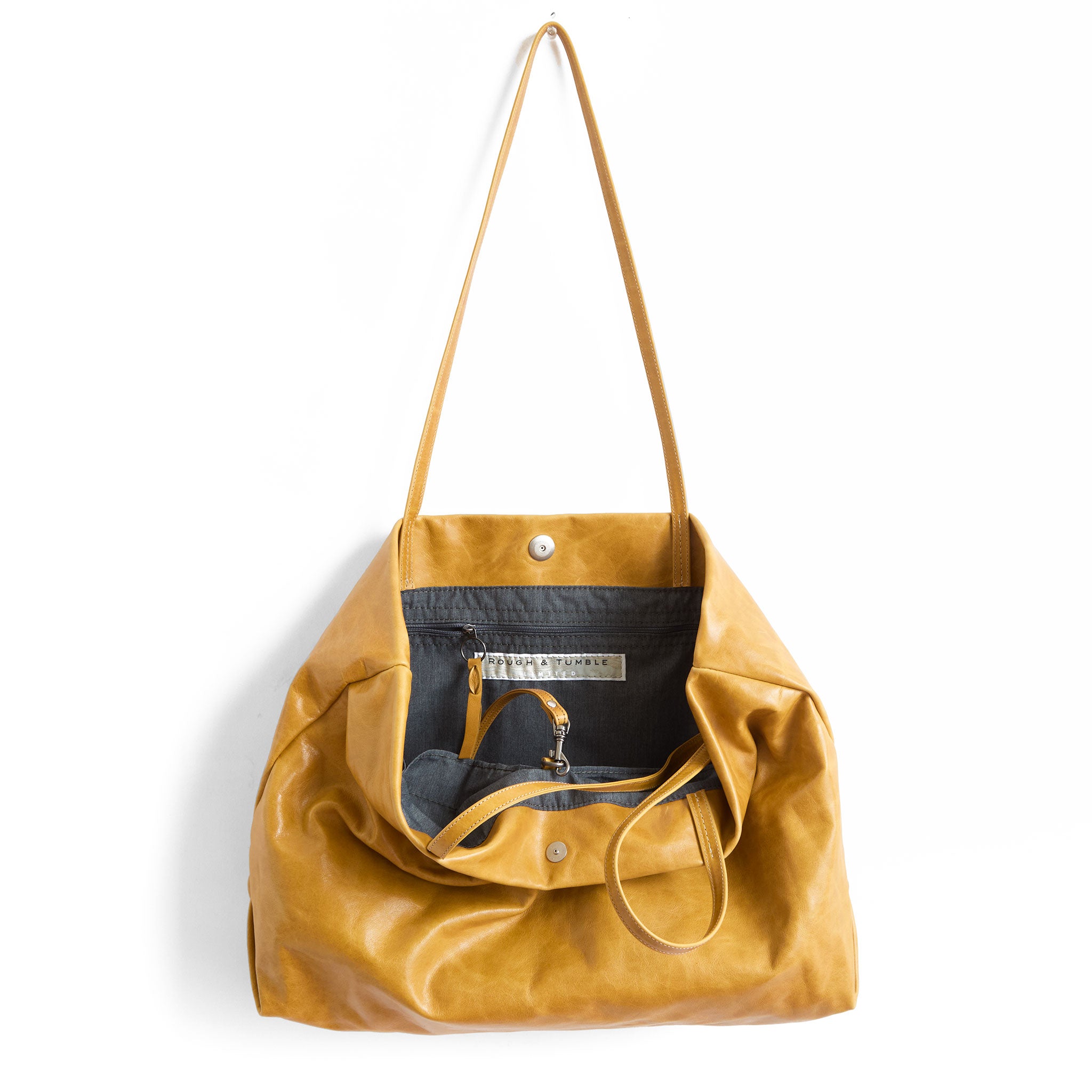 brooklyn tote in goldenrod, showcasing interior grey chambray lining