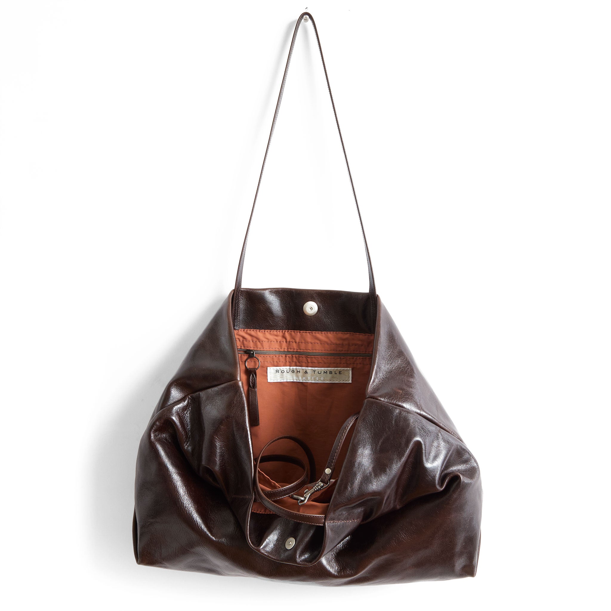 brooklyn tote in mahogany, showcasing cider lining
