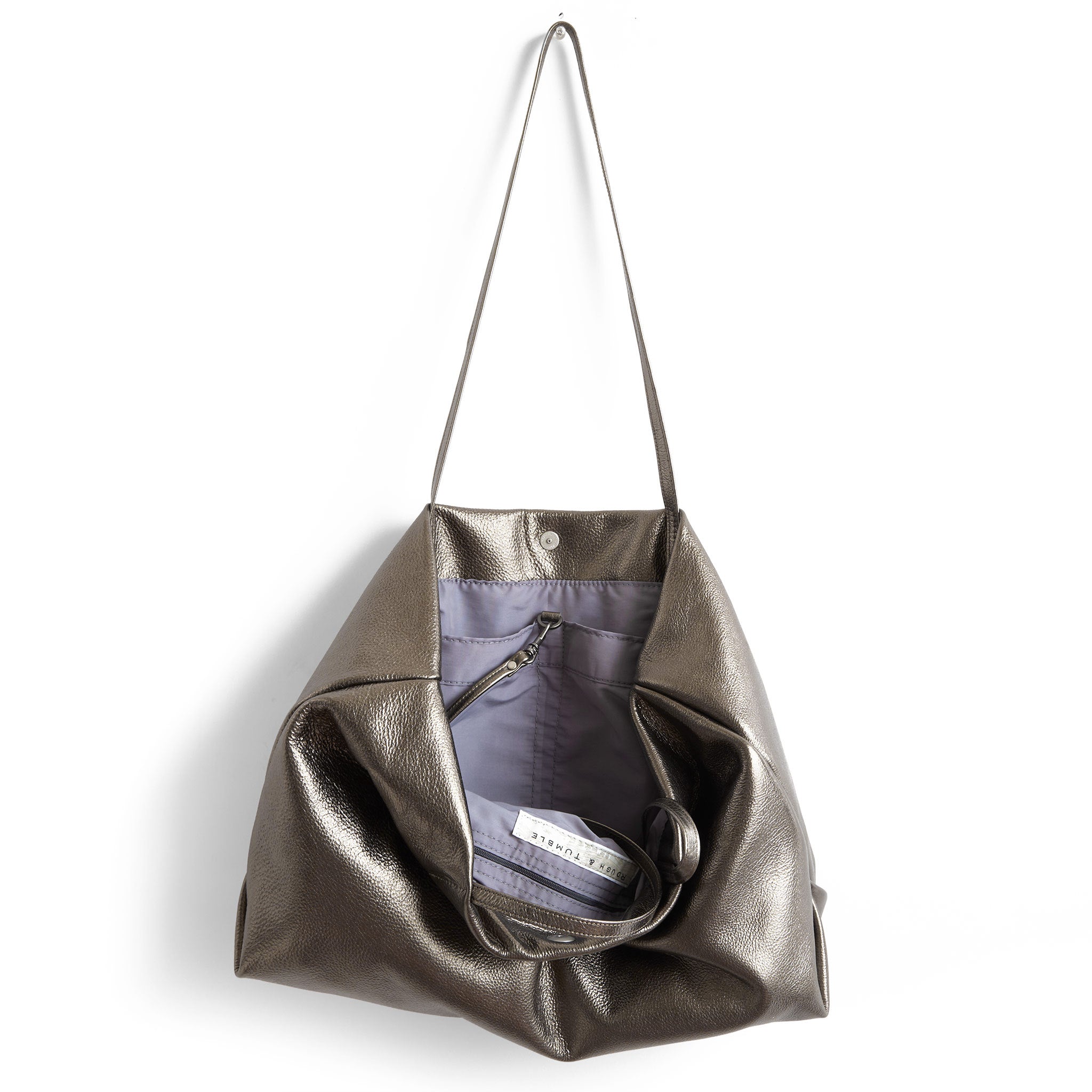 brooklyn tote in pyrite, showcasing lupine lining