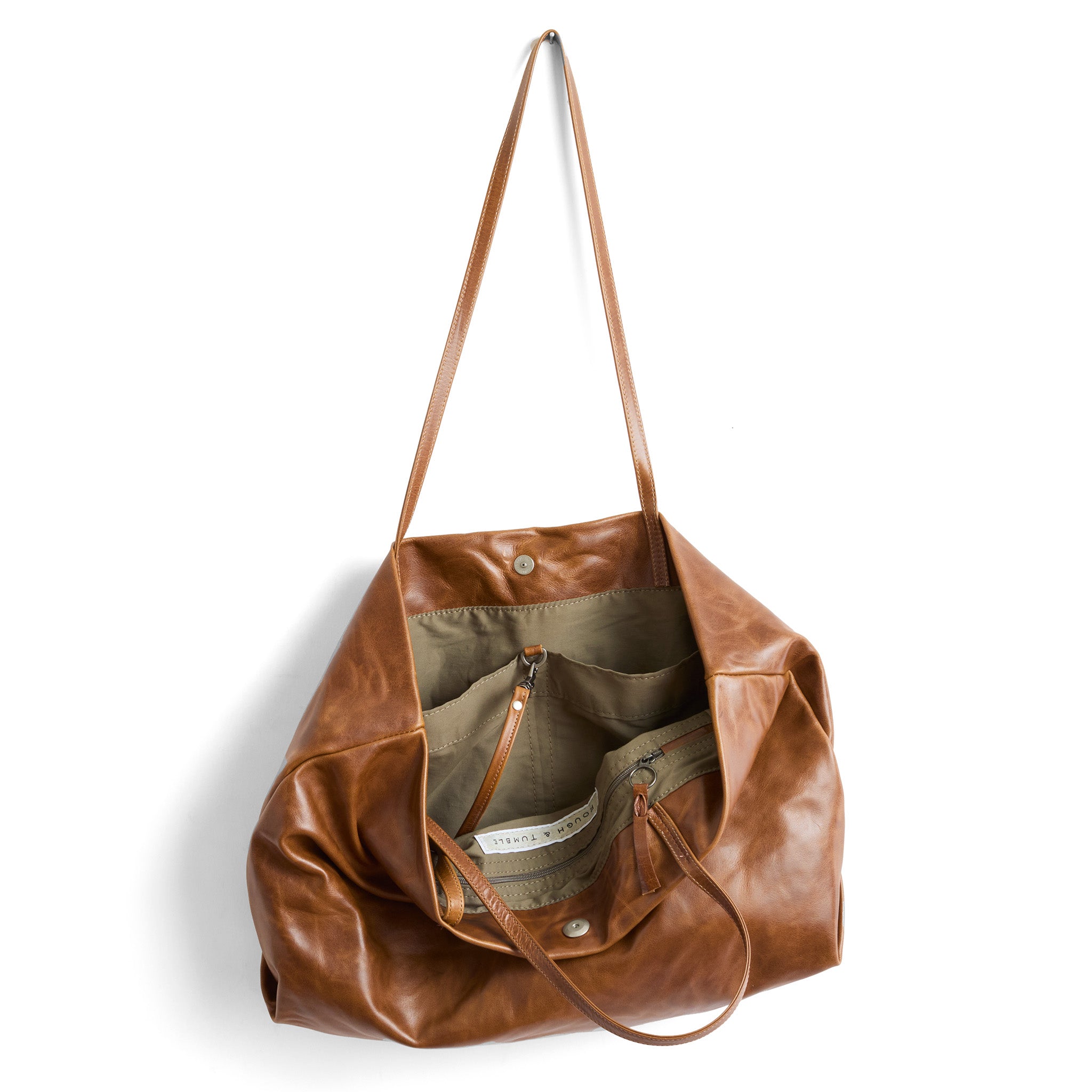 brooklyn tote in saddle, showcasing interior essex lining