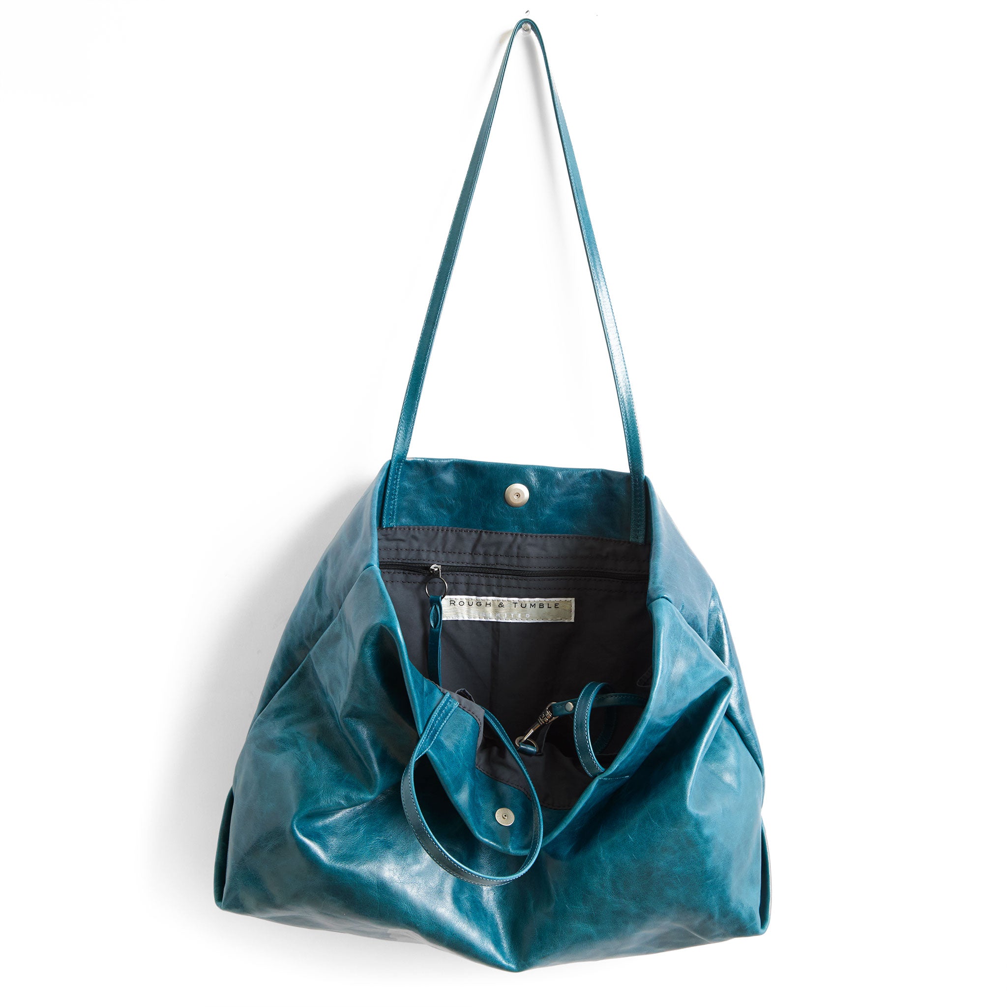 brooklyn tote in tourmaline, showcasing interior core grey lining