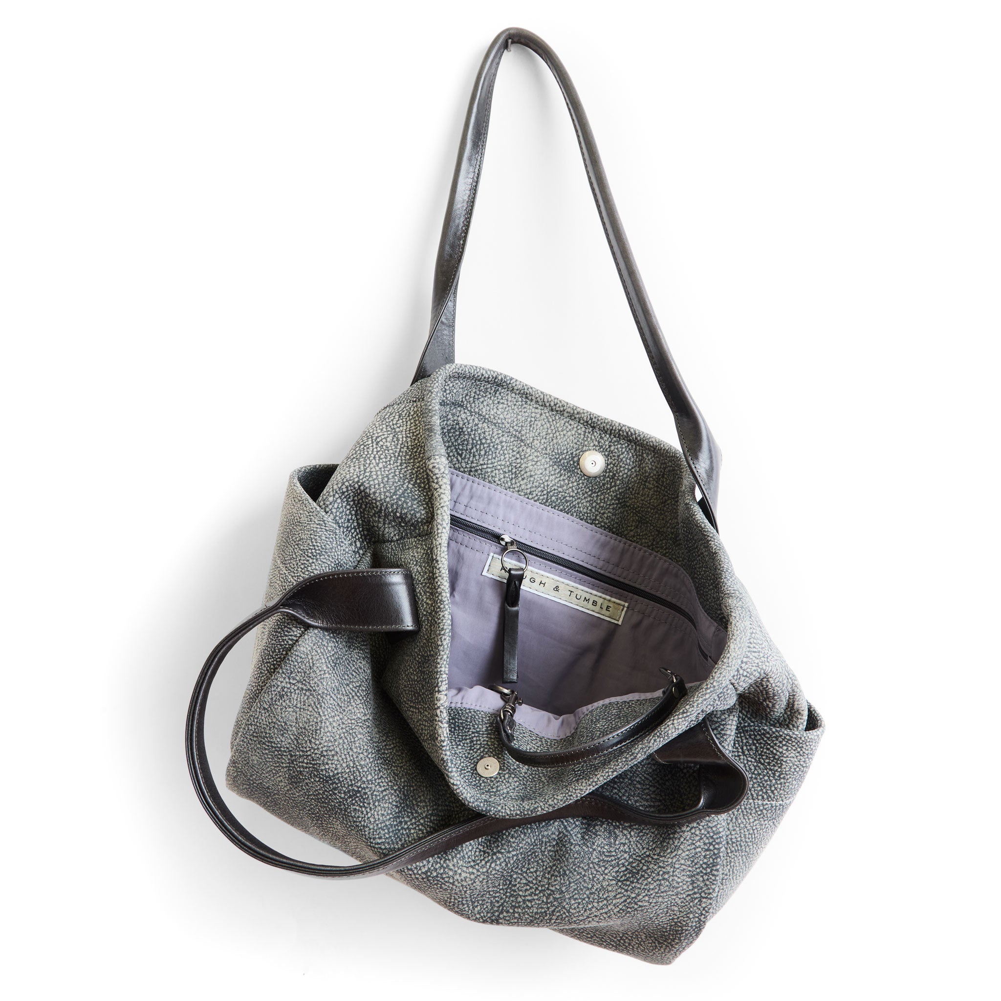 bucket tote in elephant ear, showcasing interior lupine lining