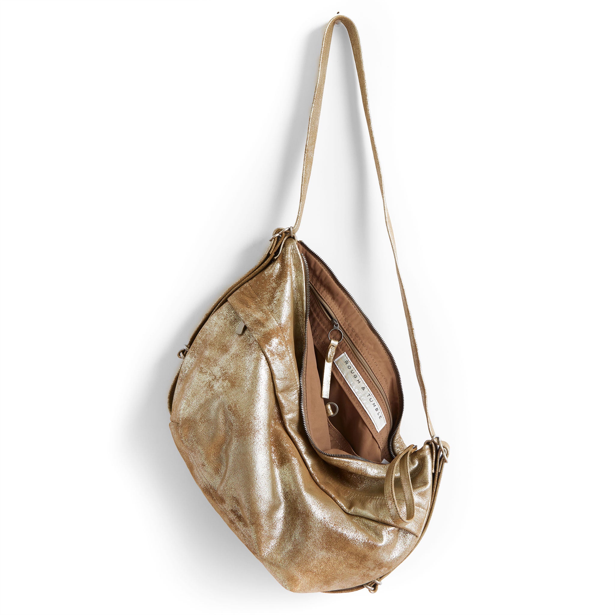 duffel single zip in double gilded mink, showcasing nutmeg lining