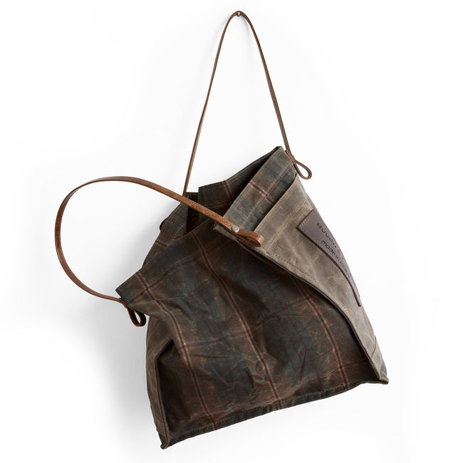plaid waxed canvas + dark oak | large farmers market tote in dark oak and plaid waxed canvas