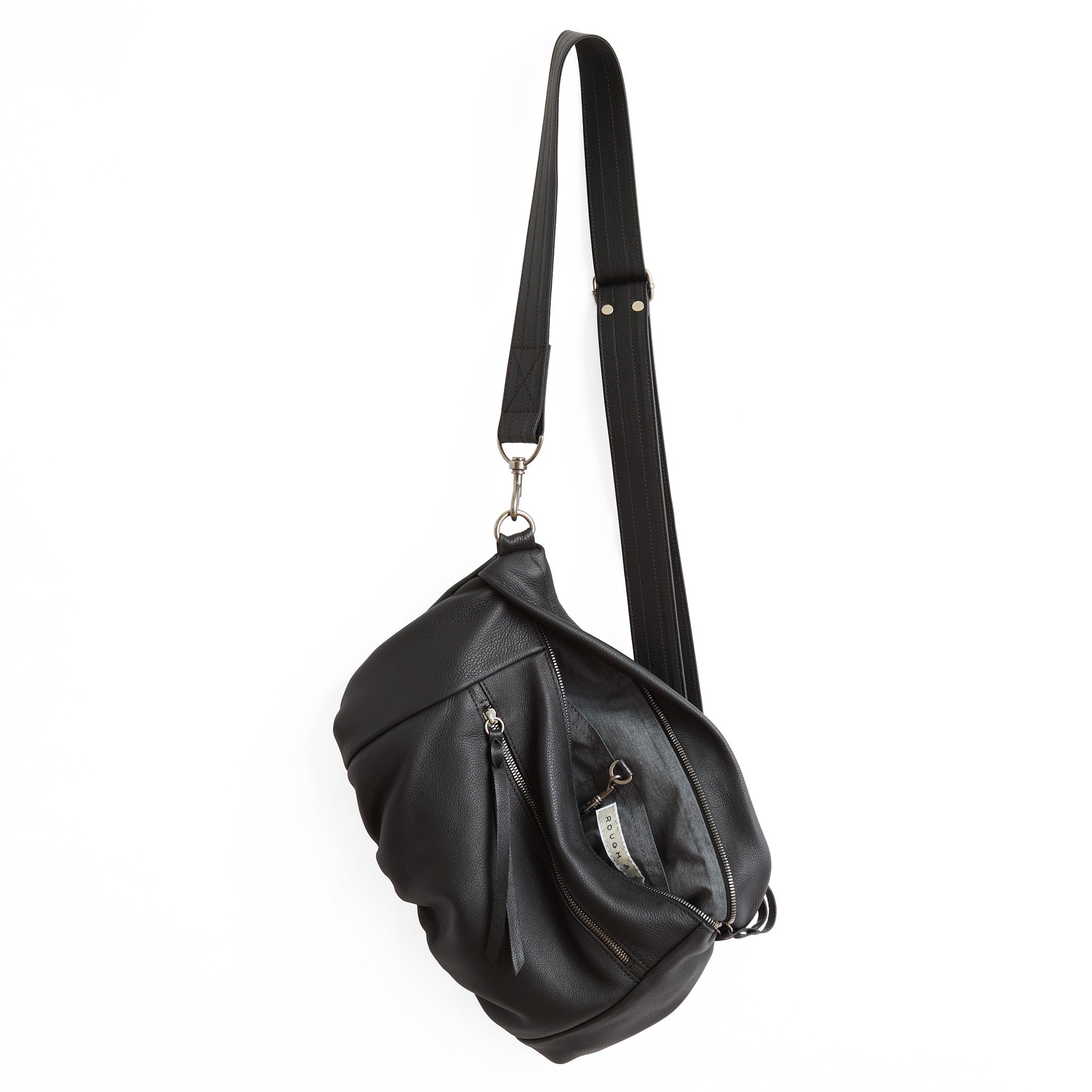 large jenny in honed black, showcasing interior grey chambray lining