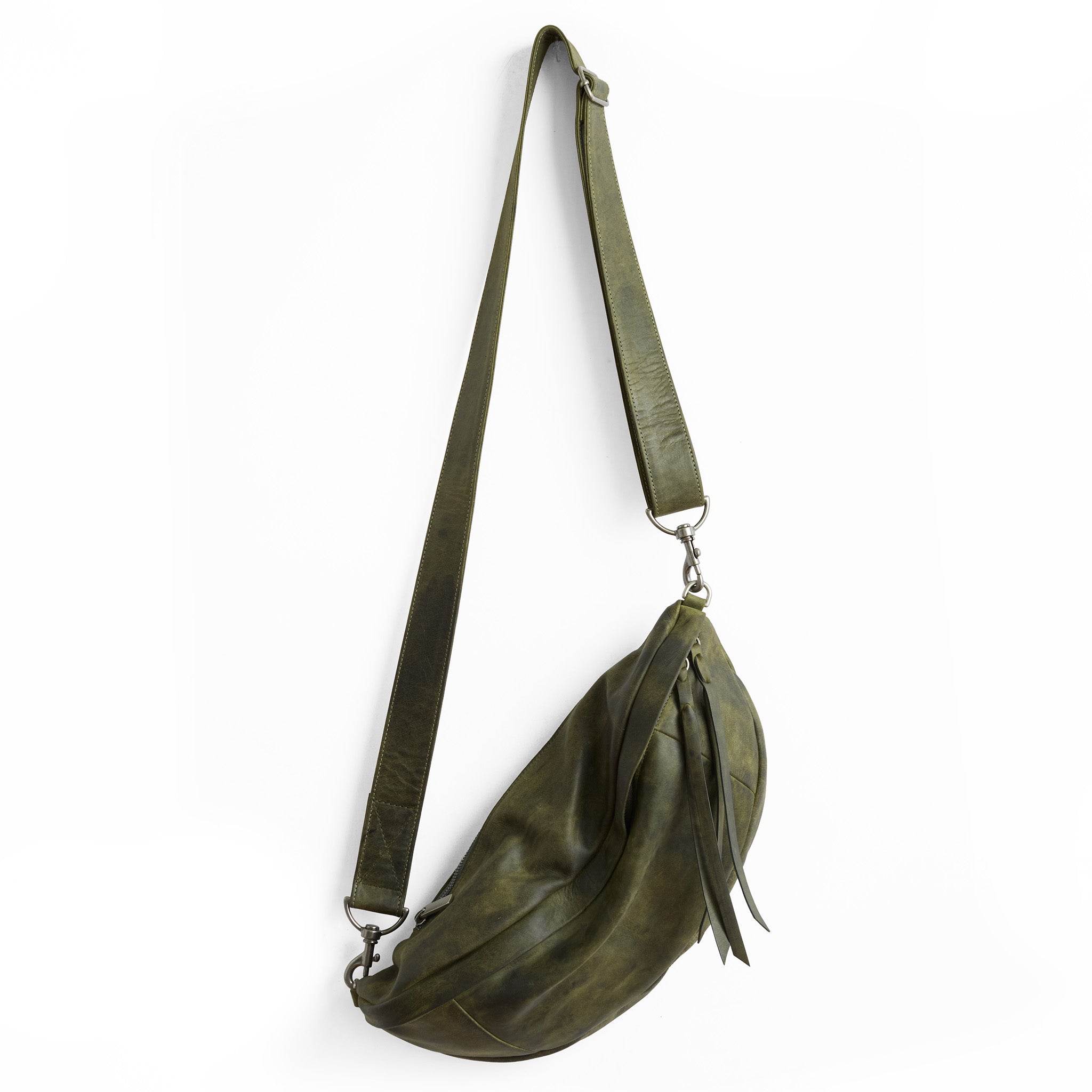 lissa in moss, with two zipper heads with leather pulls