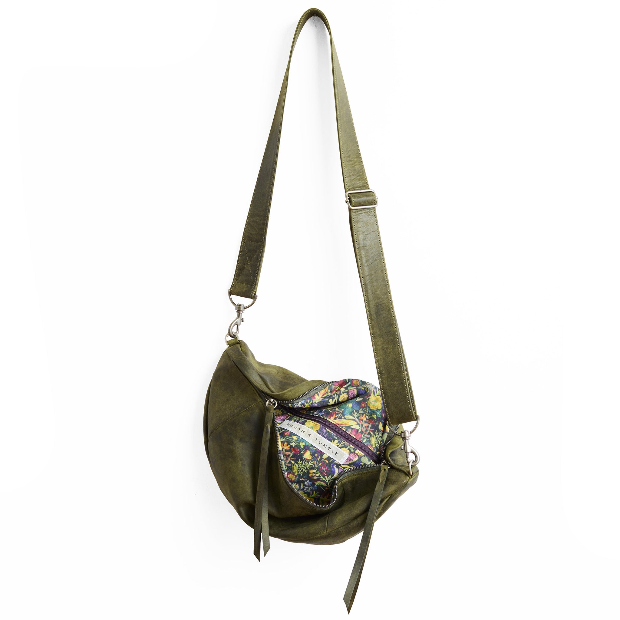 lissa in moss, with two zipper heads with leather pulls, showcasing interior inland song lining