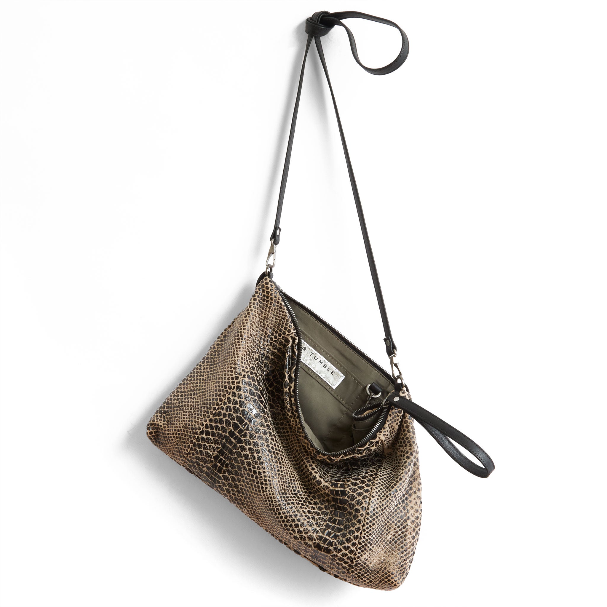 marsden XL in destroyed soft snake, showcasing interior essex lining and open pockets