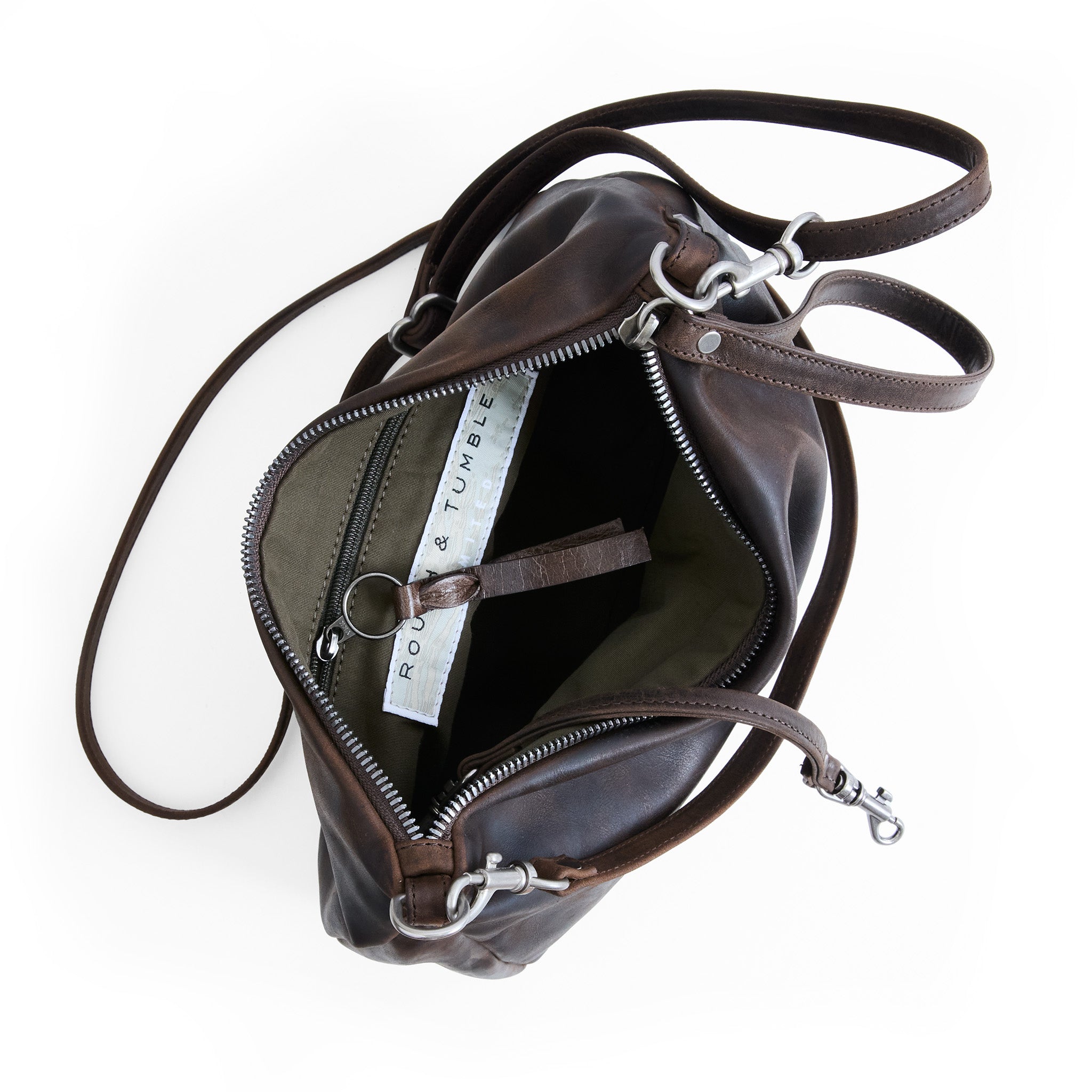 the scottie in distressed espresso, showcasing interior kelp lining