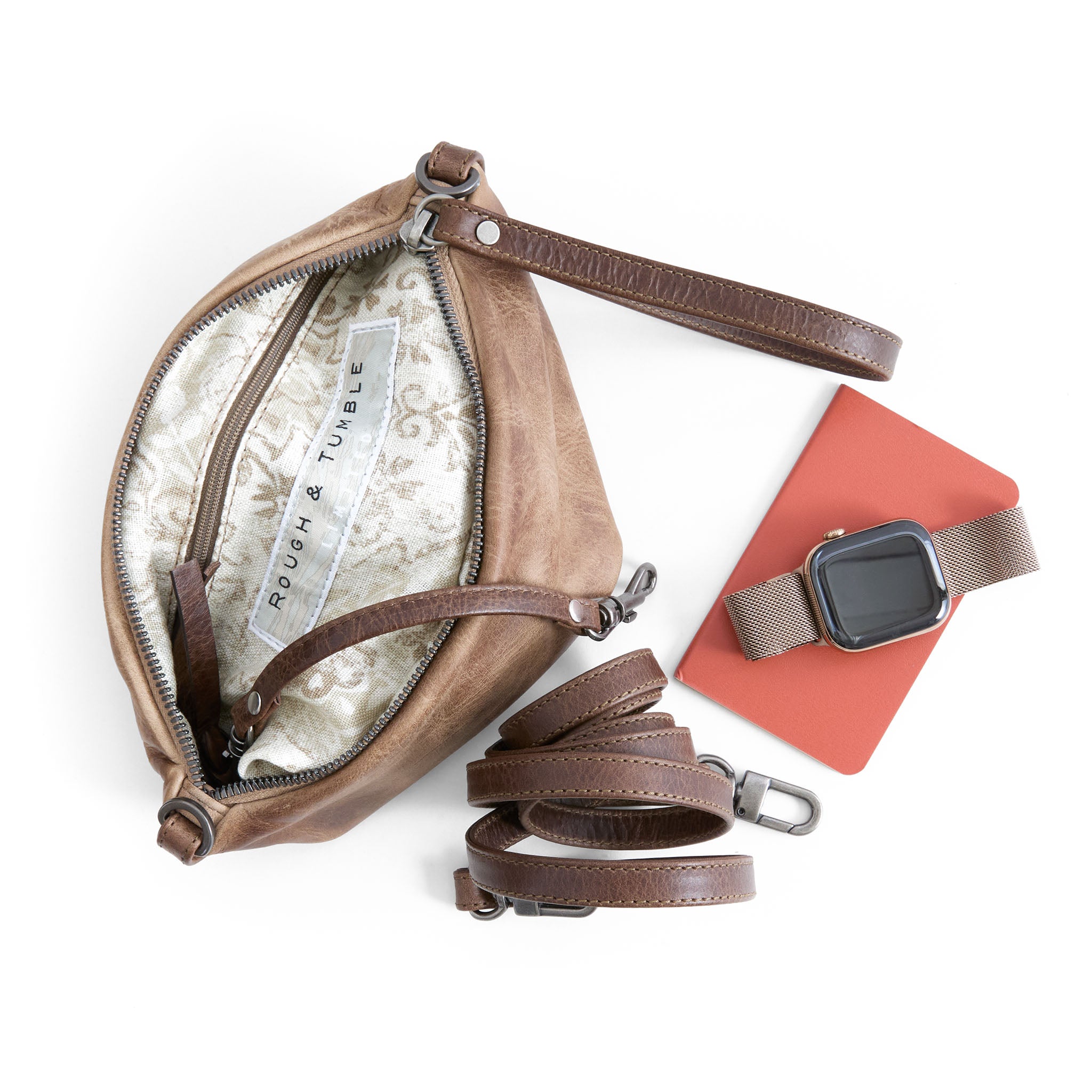 small pinched bottom traveler in distressed fawn, showcasing interior vittoria lining