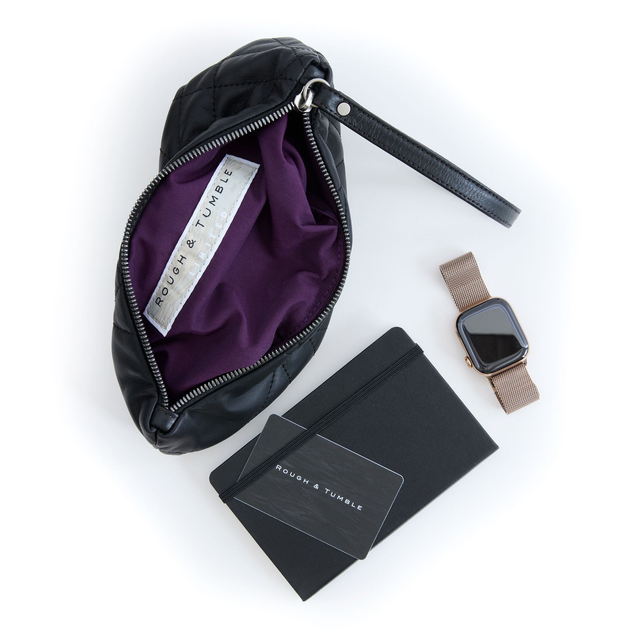 roro in quilted pashi black, showcasing interior purple lining