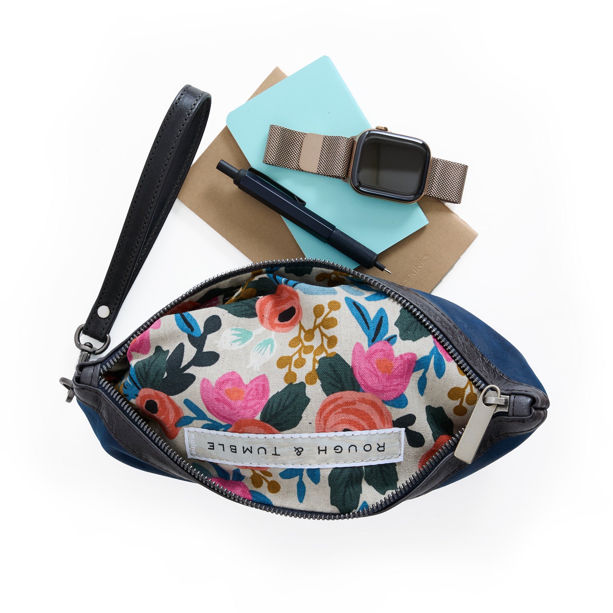 zip pouch large in sailboat, showcasing interior rifle paper co. rosa lining