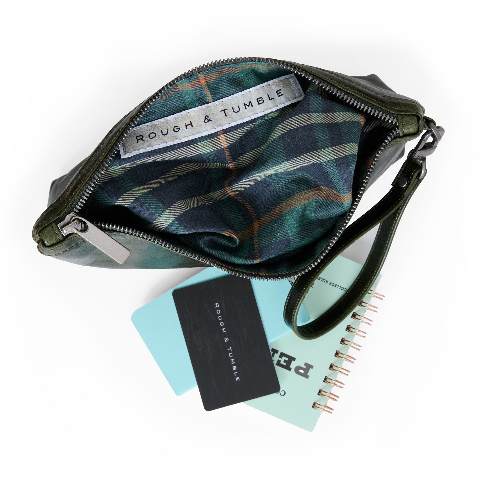 zip pouch in pine, showcasing interior winona plaid lining