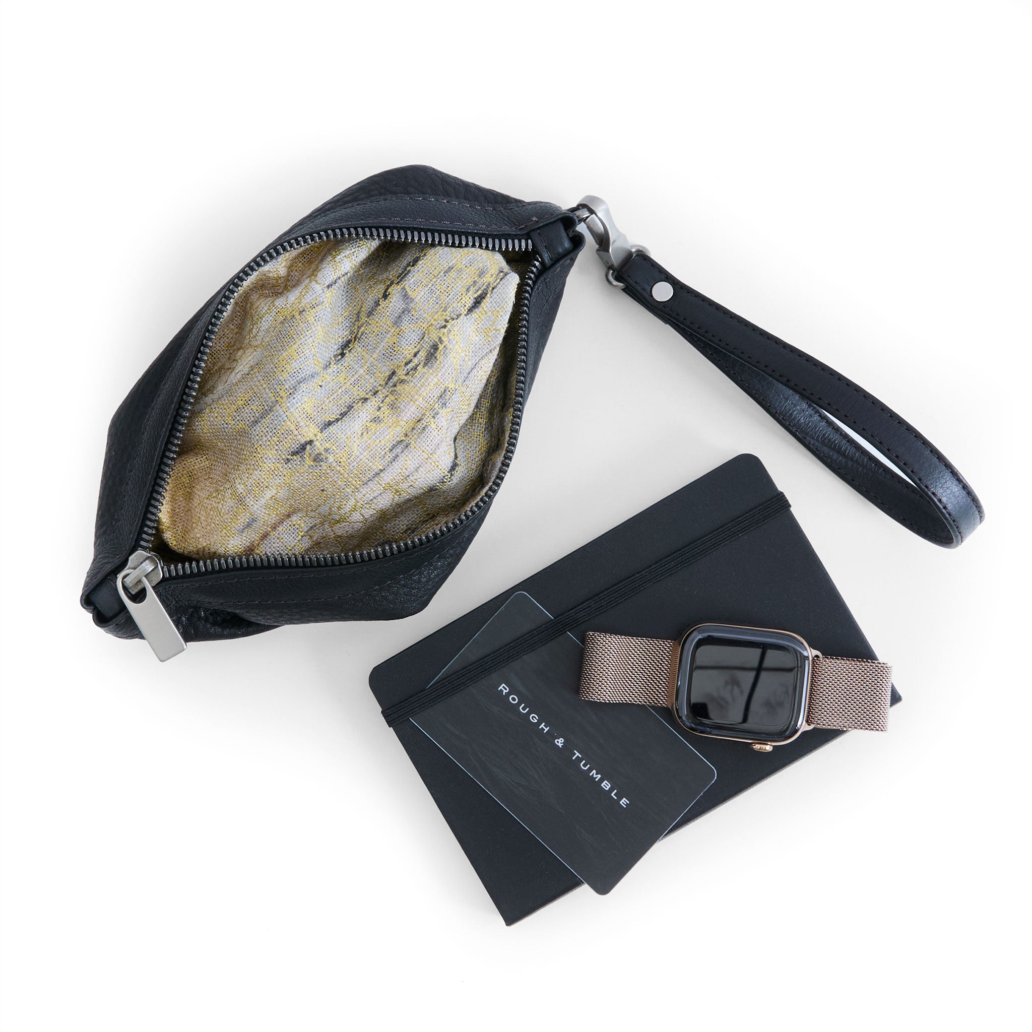 zip pouch medium in nero, showcasing interior anthracite lining
